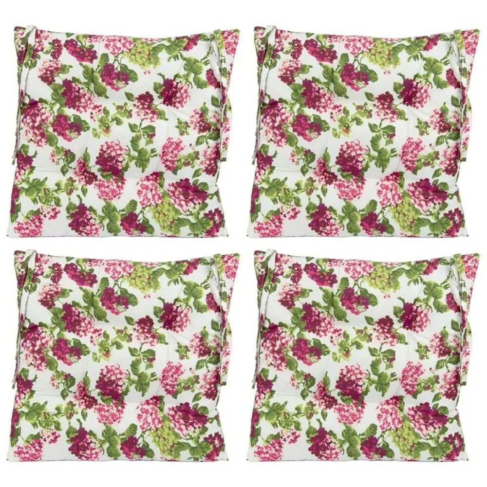 Shabby Chic Pink Hydrangea Floral Chair Cushions in White/Pink/Green, 4 Pack